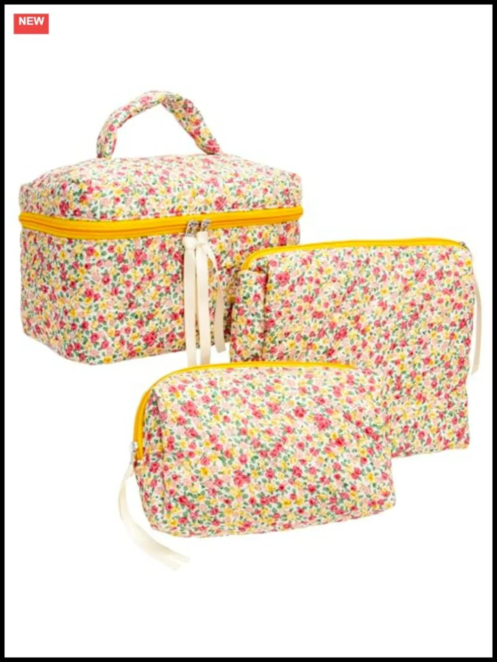 Quilted Makeup Bag Set 3 Piece Cosmetic Organizer Travel Zipper Pouch